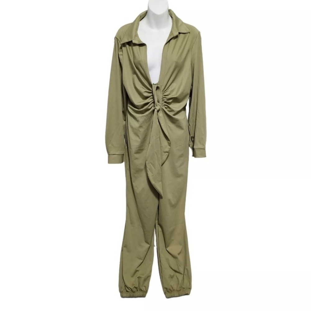 ChicMe Jumpsuit Olive Green Big Bow Long Sleeves Elastic Ankle Size Large